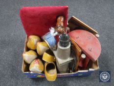 A box of wooden clogs, milking stool, vintage projector,