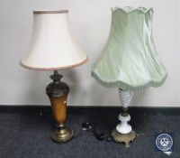 A brass and marble classical style table lamp and one other lamp