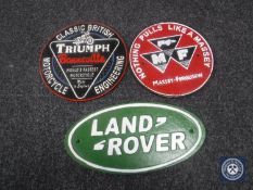 Three cast iron plaques - Land Rover,