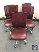 Five Verco maroon leather and mesh swivel office armchairs