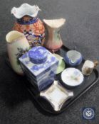 A tray containing a Japanese Imari vase (a/f) Royal Winton lustre vases, Shelley shell dish,