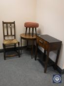 A circular inlaid mahogany occasional table together with an oak rush seated barley twist bedroom