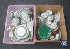 Two boxes containing a large quantity of assorted dinner ware and tea china