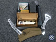 A tray containing collectable including wooden pen box and pens, Queen Elizabeth coronation medal,