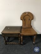 A Victorian oak hall chair together with an oak side table fitted a drawer