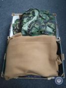 Two boxes of military camouflage clothing, vintage overcoat,