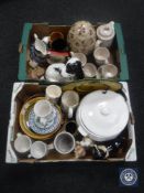 Two boxes of Poole Mandalay coffee china, china dogs, mugs, wall plates,