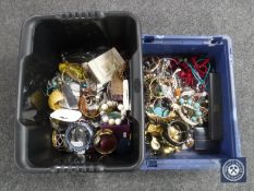 Two boxes containing a large quantity of costume jewellery