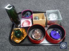 A tray of six assorted paperweights,