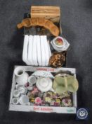 Three boxes containing assorted glass ware, teapots, china flower posies,
