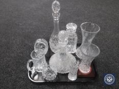 A tray of assorted glass ware - three decanters, vases,