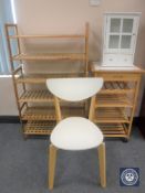 A pine tiled topped kitchen trolley, pine stacking shelves,