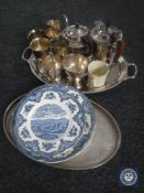 A four piece silver plated tea service on tray, gallery tray, plated goblets, commemorative mug,