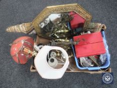 A box of octagonal brass framed mirror, tapestry hanging, table lamps, brass door fittings,