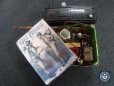 A box of carpet beater, Revel die cast model, telephone, reproduction candlestick telephone,