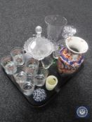 A tray of assorted glass ware - decanter, whisky glasses,