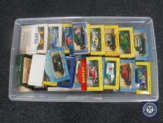 A box of boxed die cast vehicles - delivery vans, TV related,