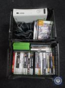 Two crates of Xbox 360 and leads and a large quantity of games