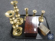 A tray of two pairs of brass candlesticks, brass candlestick,