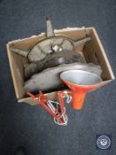 A box containing a continental Art Deco light fitting, rustic metal light fitting,