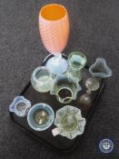 A tray of nine pieces of antique and later glass ware - basket, vases, studio glass vase,