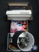 A crate of assorted dolls including Barbies, two boxes of flat bed scanner, pictures, printer,