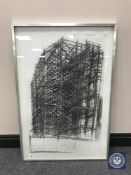 Donald James White : Scaffold structure, charcoal, 51 cm x 81 cm, framed.