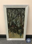 Donald James White : Figure by trees, oil on panel, 41 cm x 79 cm, framed.