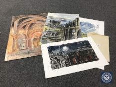 Donald James White : Four watercolour and colour chalk drawings, Industrial crane etc,