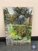 Donald James White : Father in Garden, oil on board, 50 cm x 76 cm.