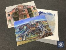 Donald James White : Four watercolour and colour chalk drawings, Hanover street, Newcastle etc,