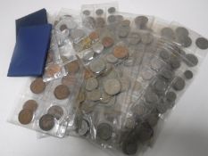 A box of coins, Britains decimal coin set, plastic files containing coins, two shilling pieces,