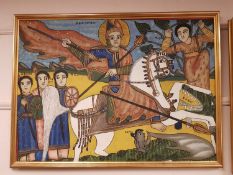 Middle Eastern school : Warrior on horseback, oil on canvas, 103 cm x 74 cm, framed.