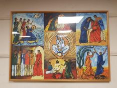 A colour print celebrating religious figures, 98 cm x 67 cm, framed.