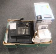 A box containing Casio cash register with keys and till rolls together with a boxed de-humidifier