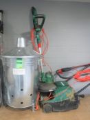 A Gardenline incinerator together with a Qualcast electric lawn mower and an electric strimmer