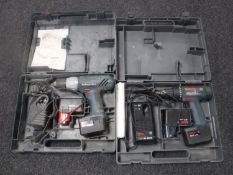 Two cased Bosch electric drills with batteries and chargers