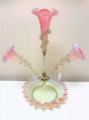 A Victorian glass three branch epergne,