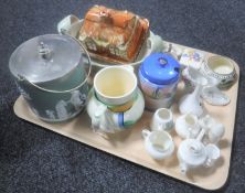 A tray containing Wedgwood plated biscuit barrel, Goss china, Beswick Art Deco jug,