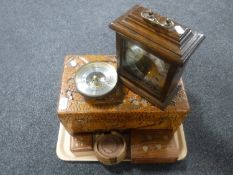 A tray containing miniature camphor wood chest, hardwood and brass inlaid card box and matchbox,