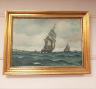 Twentieth century school : Sailing boats in choppy waters, oil on canvas, indistinctly signed,