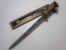 A reproduction antler handled short sword in sheath