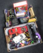 Two boxes containing games workshop figures, plastic action figures, die cast vehicles,
