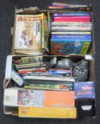 Two boxes containing children's annuals and books, Beano comics, boxed figures, computer logic lab,
