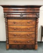 A Victorian mahogany Scotch chest with barleytwist supports, width 138 cm.