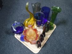 A tray of assorted coloured art glass including Murano