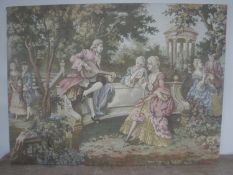 An unframed tapestry depicting figures in a garden together with a circular Eastern brass plaque