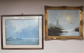 A gilt framed oil on canvas of ducks in flight, together with an oak framed N.