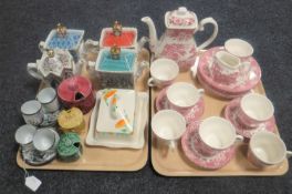 Two trays containing a Staffordshire ironstone twenty-one piece tea service together with four