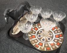 A tray containing a Leonardo Collection horse on wooden stand, set of six champagne glasses,